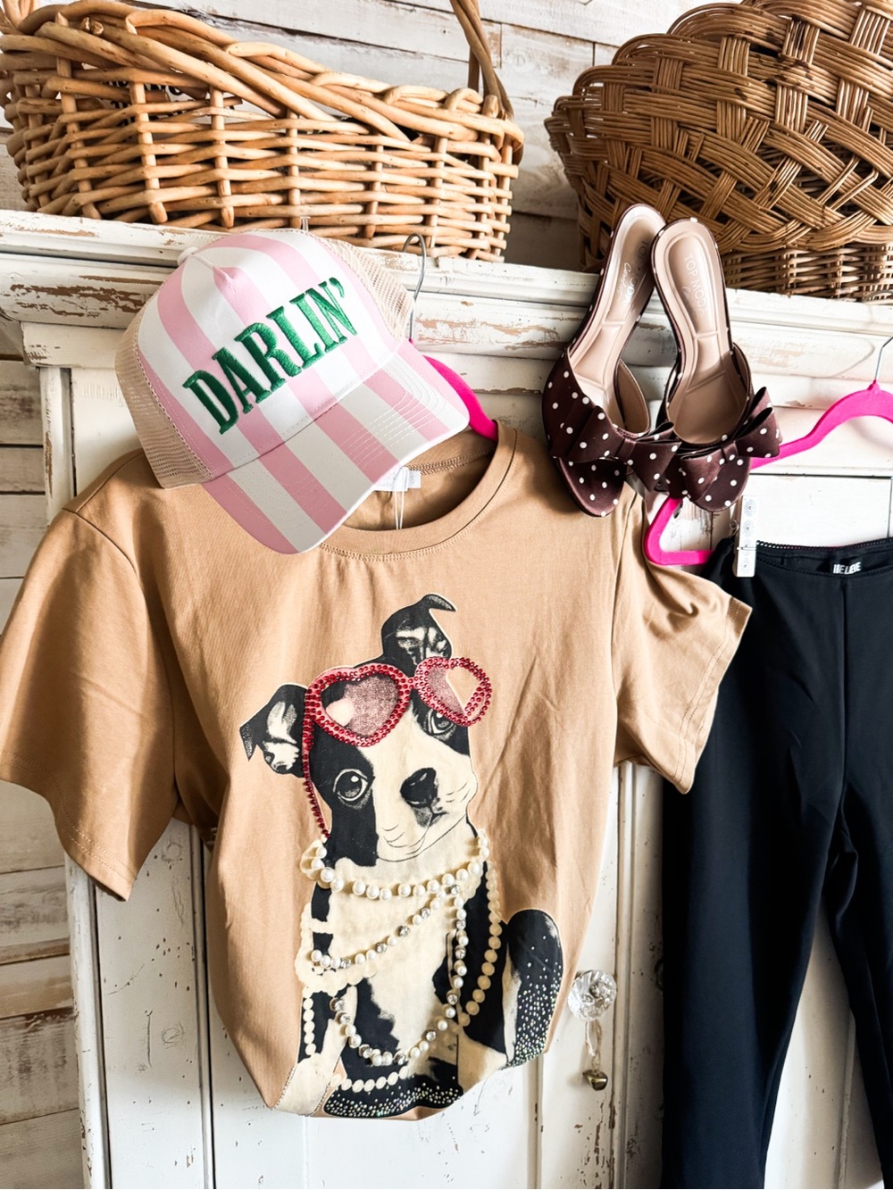 Tan Dog Graphic bejeweled and pearls Tee